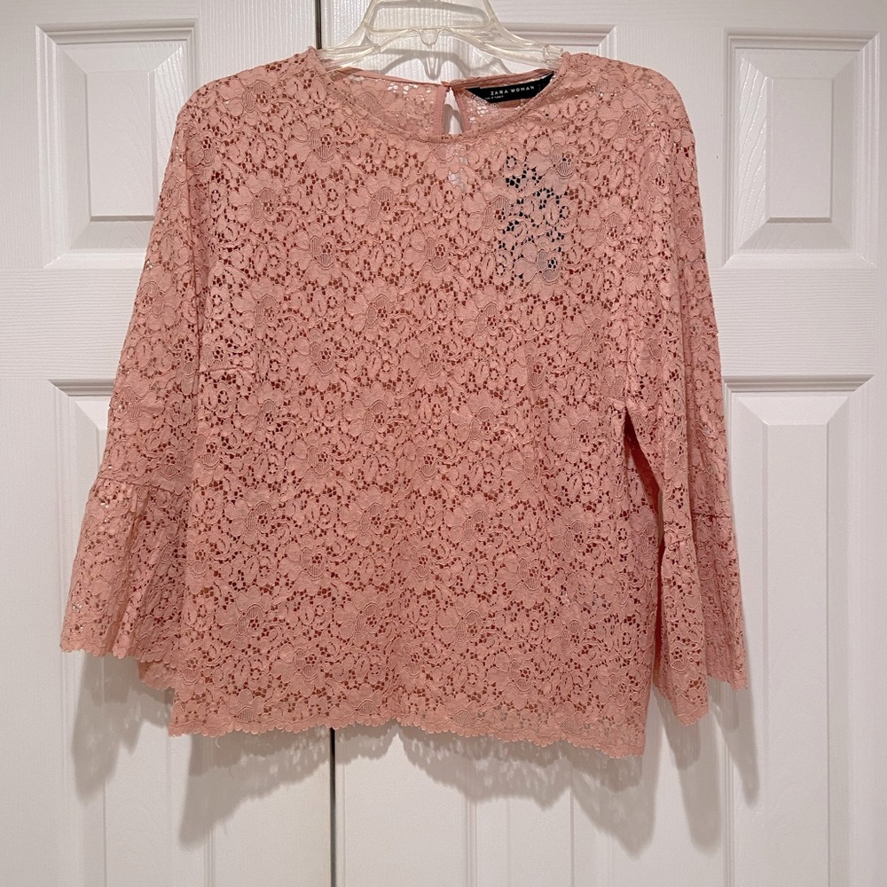 Zara Lace Top NWT pink bell sleeve crop XL spring office women’s